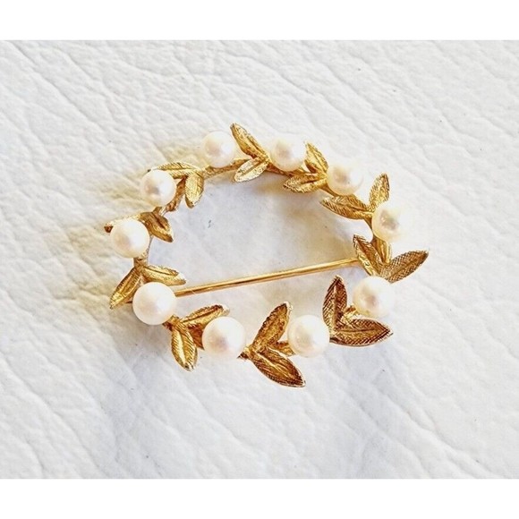 14k Yellow Gold Cultured Pearl Leaf Wreath Pin Brooch - Picture 3 of 7